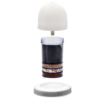 Exploded view van een meerlaags waterfilter. Boven een witte filterkap. In het midden een transparante filtercartridge met actieve kool en meerdere minerale lagen. Onder een ronde witte filterbodem die het water gelijkmatig verdeelt.
