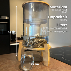 glazen AquaPro waterfilter met afmetingen en uitleg van mateialen, capaciteit en wat het filtert